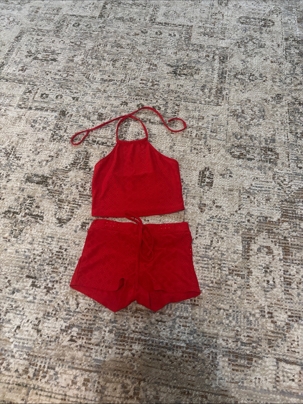 Red Women's Halter Crop Top & Drawstring Shorts Set